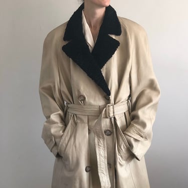 70s leather trench coat / vintage ivory white leather + Persian curly lamb collar belted double breast oversized trench coat jacket | Large 