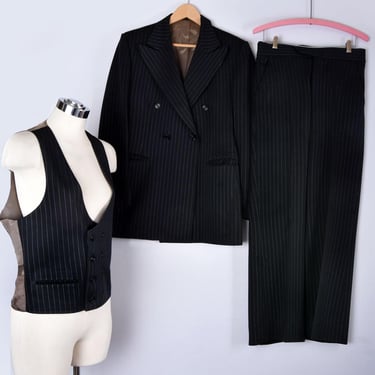 3 pc SUIT Dark Gray Pinstripe 1960's Men's Vest, Jacket & Pants Trousers Vintage 1970s Double Breasted Pointy Lapels Gangster 38R Polyester 