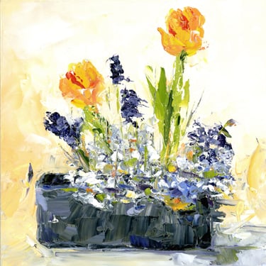 Expressive Oil Painting Ikebana Tulips with Purples - Expressive Florals - Still Life Oil Painting Square - Daily Painter - Yellow Tulips 
