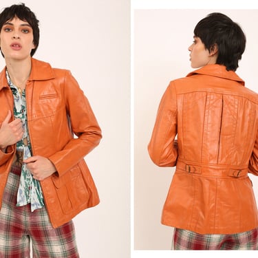 Vintage 1970s 70s Satsuma Orange Leather Zip Up Jacket Coat // Mod Style Buckle Fasteners 