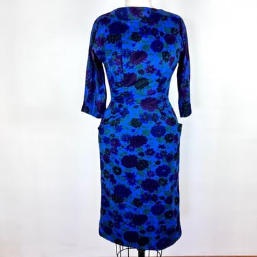 Vintage 50s Wiggle Dress / 1950s 1960s Floral Blue Dress / 60s Wool Dress Mad Men Pencil Skirt / Small Medium / Holiday VLV Pin Up Pinup 