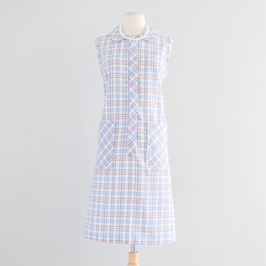 Delightful 1960's Blue & Orange Check Plaid Cotton Dress / Sz L