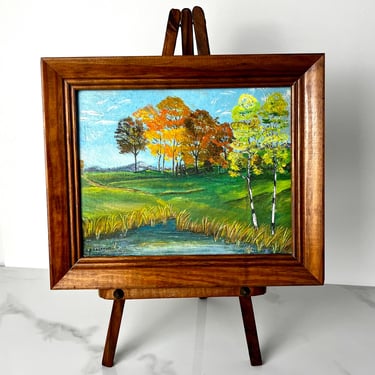 Vintage Framed Art | Oil Painting on Canvas Panel | Wood Stand Easel | Original Landscape Painting | Lake Paining | Original Art 