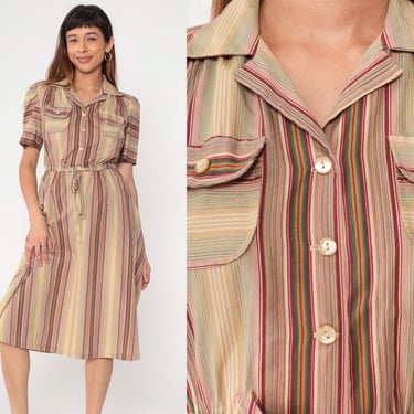 70s Button Up Dress Striped Boho Puff Sleeve Dress Midi Dress Shirtdress Cream Red Green High Waisted 1970s Vintage Bohemian Medium 