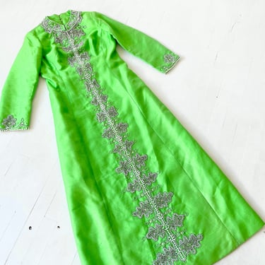 1960s Lime Green Silk Pearl + Rhinestone Dress 