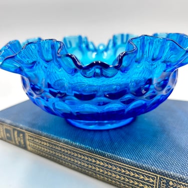 Vintage Fenton Colonial Blue Glass Brides Bowl, Thumbprint, Ruffled Scalloped Edge, 8" wide Console Display Bowl 