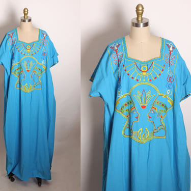 1980s Turquoise, Golden Yellow and Red Novelty Embroidered Egyptian Short Sleeve Caftan Dress 