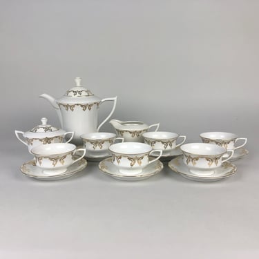 Vintage Porcelain Coffee Set for 6 / Coffee, Tea Pot, Six Cups with Saucers, Sugar Bowl / Bohemia Made in Czechoslovakia / 1930's-1940's 