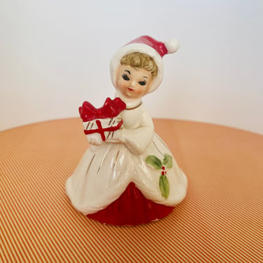 Vintage Josef Originals Christmas Bell Figurine Girl Holding Gift Santa Hat Holly with Original Stickers 