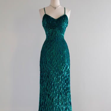 Fabulous Vintage Emerald Green Silk Sequined Glamour Gown / Medium