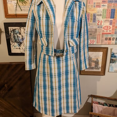 Vintage Plaid Dress Blazer Belt Set 