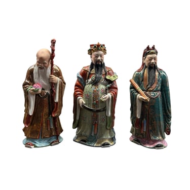 Set of 3 Vintage Chinese Color Porcelain Fu Lu Shou Fengshui Display Figure ws4400E 