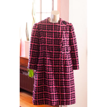 Vintage Hot Pink Houndstooth Coat - 1950s, 1960s - Wool Coat - Mod, Pink, Black - PRO CLEANED 