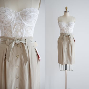 greige silk skirt | 90s vintage Liz Claiborne gray beige button down bowtie waist mini skirt 