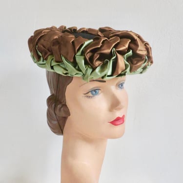 1940's Green and Brown Satin Ribbon Pancake Tilt Hat 40's Fall Winter Millinery Rockabilly WW2 Era Hats Northridge New York 