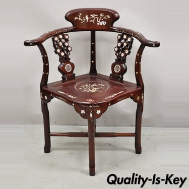 Vintage Chinese Carved Hardwood Corner Lounge Chair with Mother of Pearl Inlay