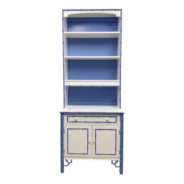 Faux Bamboo Hutch Cabinet by Thomasville Allegro - 2pc Vintage Hollywood Regency Coastal Chinoiserie Chest & Bookshelf Top 