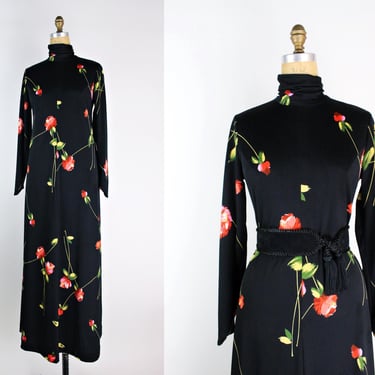 60's Olgawear Black Floral Asian Dress / 70s House Robe / Vintage Olga Nightgown Dress / Maxi Dress/ Hostess Maxi Dress by Olga 