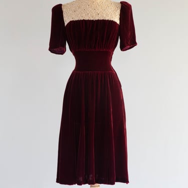 Coveted 1930's Crimson Red Silk Velvet Evening Dress With Lace Neckline / Small