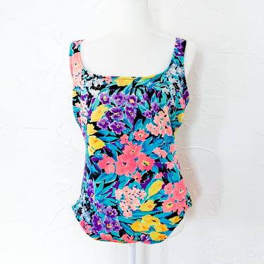 80s/90s Black Pink Blue Purple Yellow Floral One Piece Swimsuit Scoop Back| Extra Large 