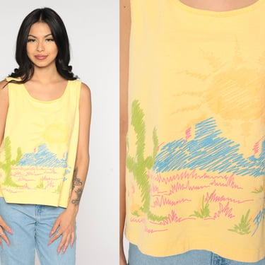 Desert Tank Top 90s Beverly Hills Blues Shirt Yellow Sleeveless Graphic Tee Retro Glitter Saguaro Cactus Sun Summer Top Vintage 1990s Medium 