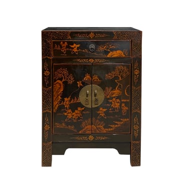 Chinese Distressed Black Copper Scenery Graphic End Table Nightstand cs7411E 
