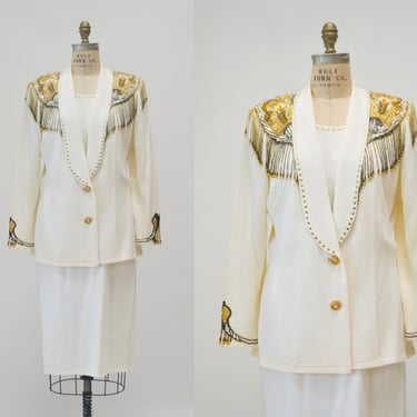 80s 90s Vintage Cream Off White Knit Suit Fringe Sequin Beaded Gold Blazer Suit Jacket Skirt Medium Large By Francine Knit Wedding Suit 