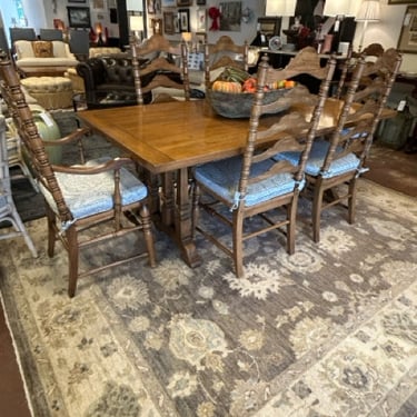 Dining Table &amp; 6 Ladder Back Chairs with  Rush Seats &amp; Cushions (2 arm, 4 side), Three Leaves &amp; Pads