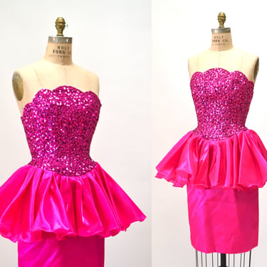 80s Vintage Prom Dress Metallic Pink Sequin Dress Size Small Medium // 80s Metallic Party Dress Strapless Barbie Dress By Mike Benet 