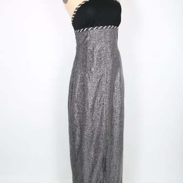 Vintage Dress Metallic Silver & Black Long Halter Top Party Dress Maxi Dress Evening Dress 
