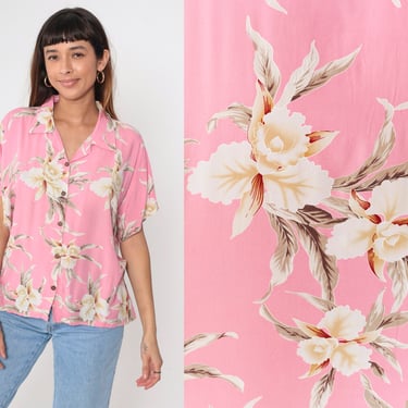 90s Pink Hawaiian Blouse Tropical Floral Shirt Button up Shirt Flower Top Short Sleeve Collared Two Palms Retro Vintage 1990s Extra Large xl 