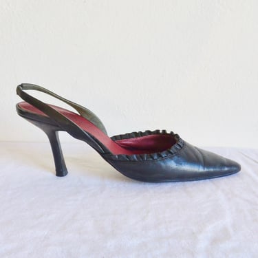 1990's Yves Saint Laurent Size 8 8.5  Black Leather Slingback High Heels Pointy Toes Ruffle Trim French Designer Shoes Made in Italy 