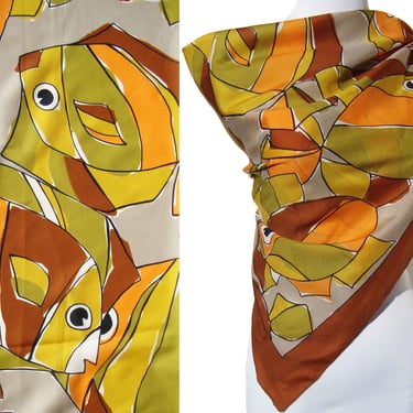 Vintage 70s Modernist Silk Scarf Abstract Fish Novelty Print 