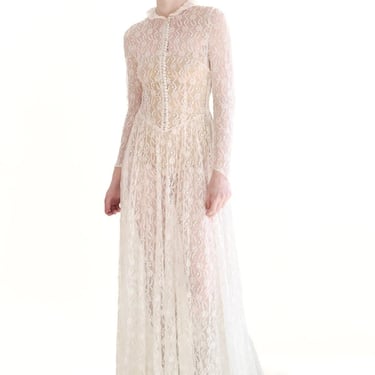 1958 Long Sleeve Button Front Collared Lace Wedding Gown with Train 