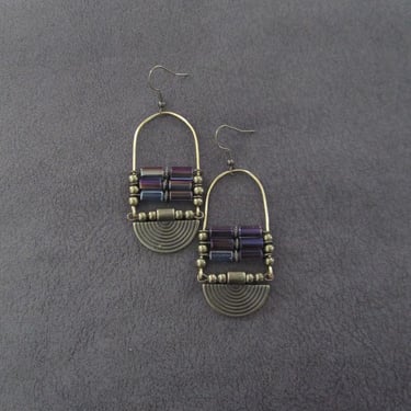 Bronze ethnic earrings, iridescent glass earrings 