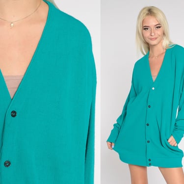 Turquoise Cardigan 80s Button Up Knit Sweater Retro Grunge Grandpa Plain Slouchy Acrylic Basic Blue Green Vintage 1980s 2xl xxl 2x 