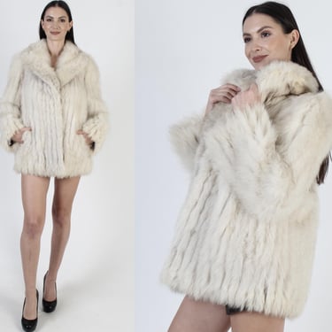 Arctic Fox Fur Jacket, Off White Shawl Collar, Striped Corded Coat, Womens Winter Overcoat 