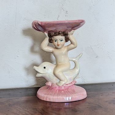 Rare Vintage Pink Irridescent Ceramic Girl Riding a Dolphin Soap Holder Display 