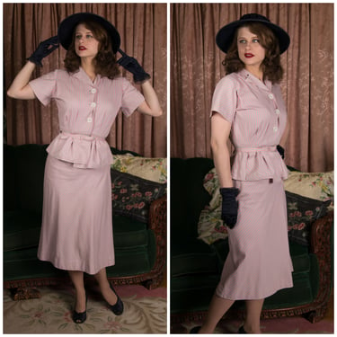 1940s Suit - Charming Late 40s Grey and Pink Striped Cotton Short Sleeved Summer Skirt Suit 