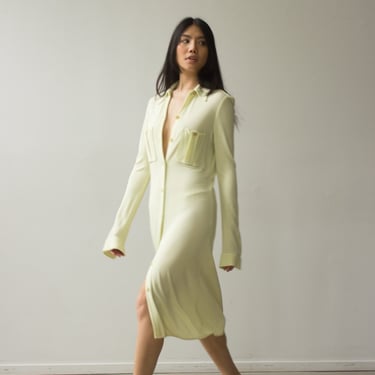 1996 Calvin Klein Collection Pale Chartreuse Rayon Jersey Shirt Dress 