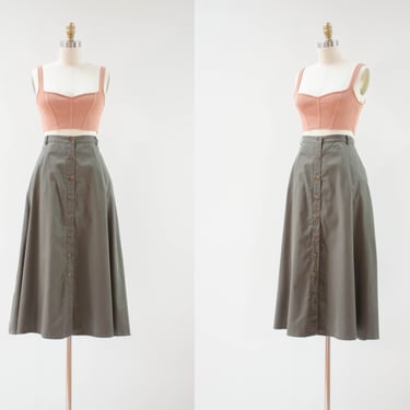 olive green skirt | 80s 90s vintage dark green dark academia fit and flare cotton khaki button down midi skirt 