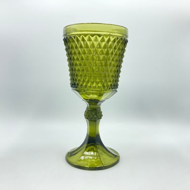 Indiana Glass Diamond Point Avocado Green Tall Compote, Pedestal Bowl, Vintage Olive Green Glassware 