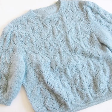 Vintage 80s Oversized Open Weave Pointelle Sweater Top M - 1980s Pastel Blue Fuzzy Mohair Pullover Jumper - Kawaii Fairy Kei 