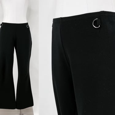 Vintage Y2K Stretchy Black Pull Up Pants, Silver Waist Loops Made by jr-s.com CYBER GENERATION Large | Comfy, 90s, Slacks, Cropped, Mid Rise 