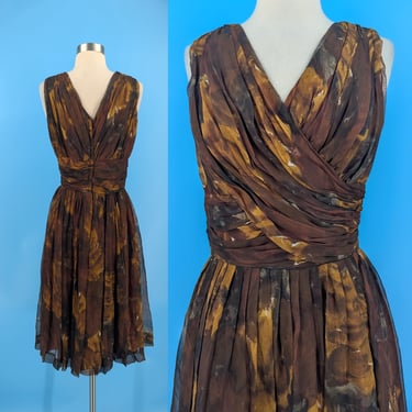 Vintage 60s Elissa XS Brown Watercolor Draped Sleeveless Cocktail Dress - Sixties XS Formal Fit and Flare Party Dress with Metal Zipper 