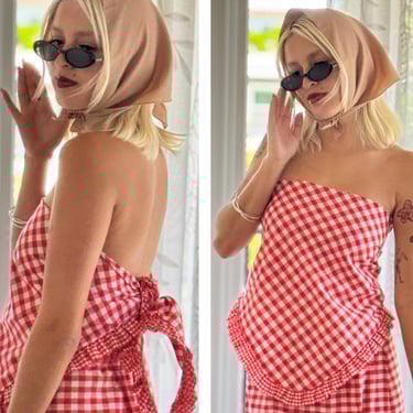70s charming Gingham Red white Scarf Top Tube Top Shawl scalloped hem 