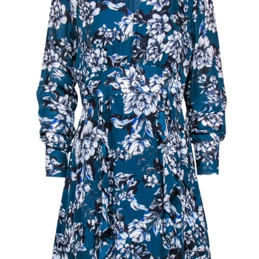 Parker - Teal Floral Fitted Silk Blend Dress Sz 8