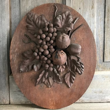 Antique French Wooden Tableaus, Wooden Still Life Plaques, Set of 2, Artistic Grape Vine, Floral Design, Wall Art, Chateau Decor 