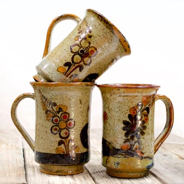 VINTAGE: 3pc Old Mexican Tonal Pottery Mugs - Floral Bird Design - Cups - Folk Art - Made in Mexico - SKU 27-D-00032533 