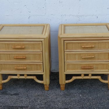Hollywood Regency Faux Bamboo Caned Nightstands End Side Tables a Pair 5311